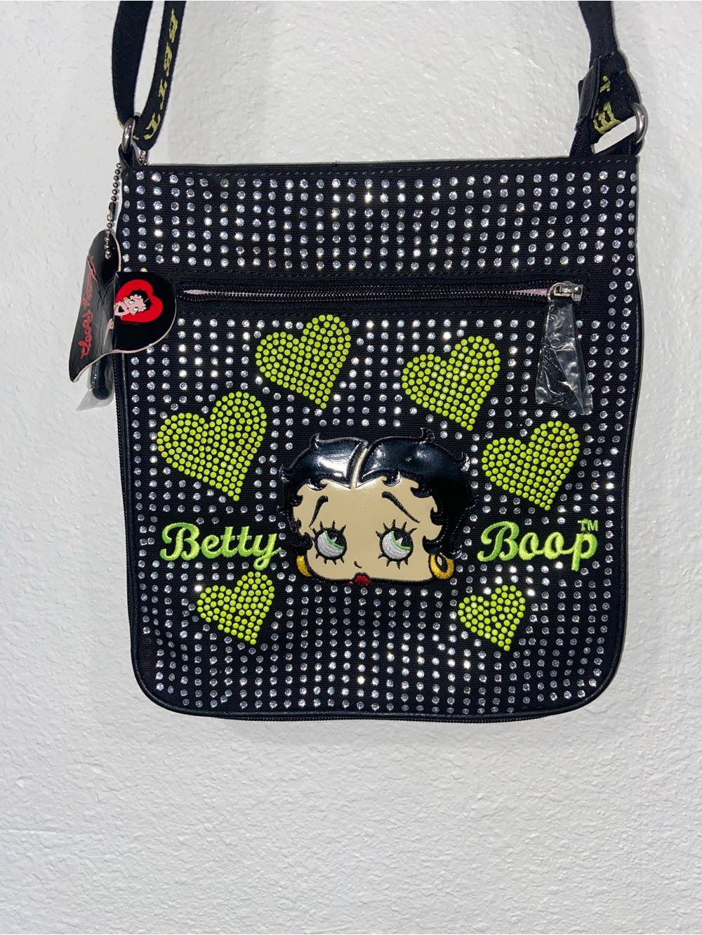 Rare Vintage Betty Boop Black Crossbody Bag with Lime Green Hearts